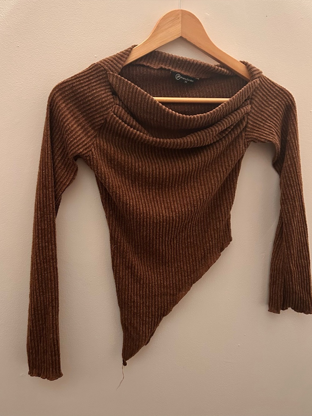 Ribbed Asymmetric Cowl Neck Sweater - Brown